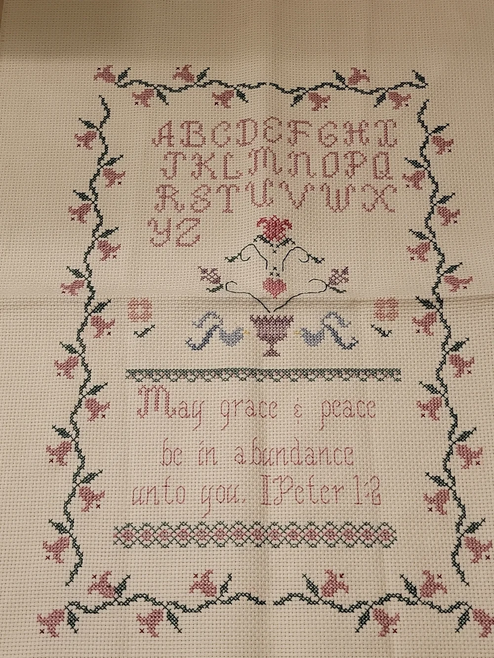 VTG Finished Cross Stitch Alphabet Floral Cottagecore Bible Verse Peter‎ 1:2